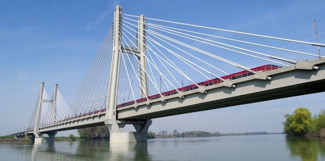 Cable-stayed bridge across river Po in Northern Italy